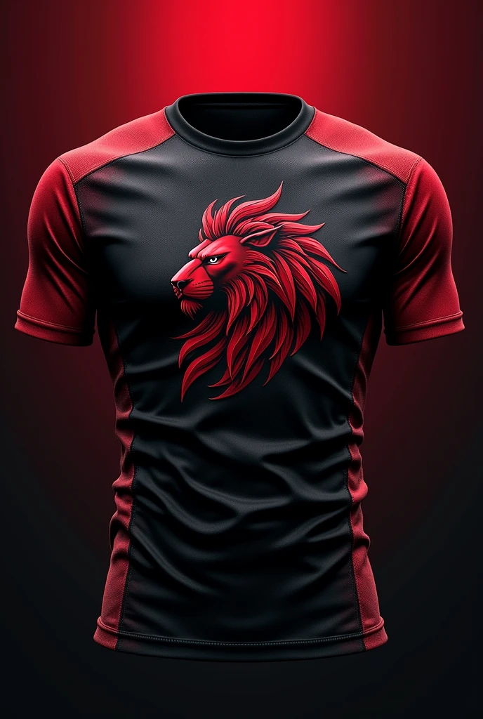 a red and black gym shirt with a lion as the symbol