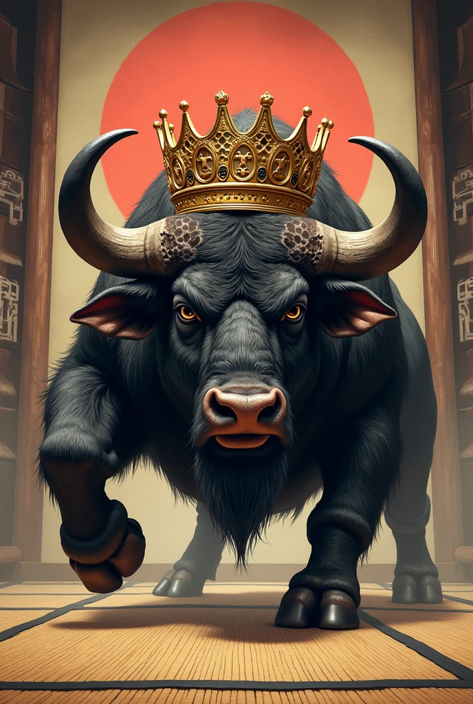 Drawing of an aggressive martial arts buffalo with a king's crown in a fighting stance on a tatami mat with a sign “KING OF TATAMI JIU JITSU”