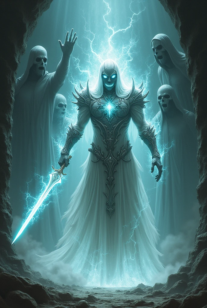 a (((beautiful warrior prince made of energy))) wearing armor and wielding a sword and covered by a black ghost inside a necromantic corridor. the necromantic corridor has its ((walls formed by angry specters)) huddled together and the floor formed by bones and remains