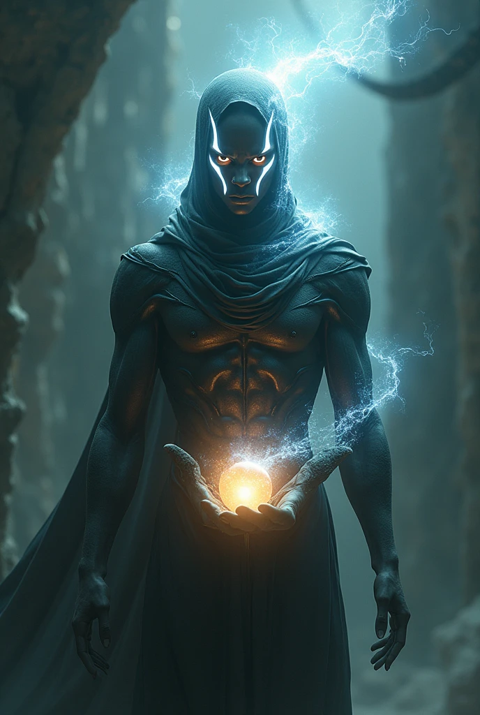 Make an omnipotent being who carries darkness, with a bright stripe that crosses each eye and goes down to the cheek, holding a sphere of pure energy