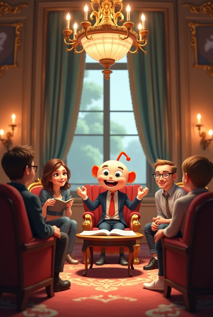 A cute reddit avatar telling a story to his friends in a rich mansion