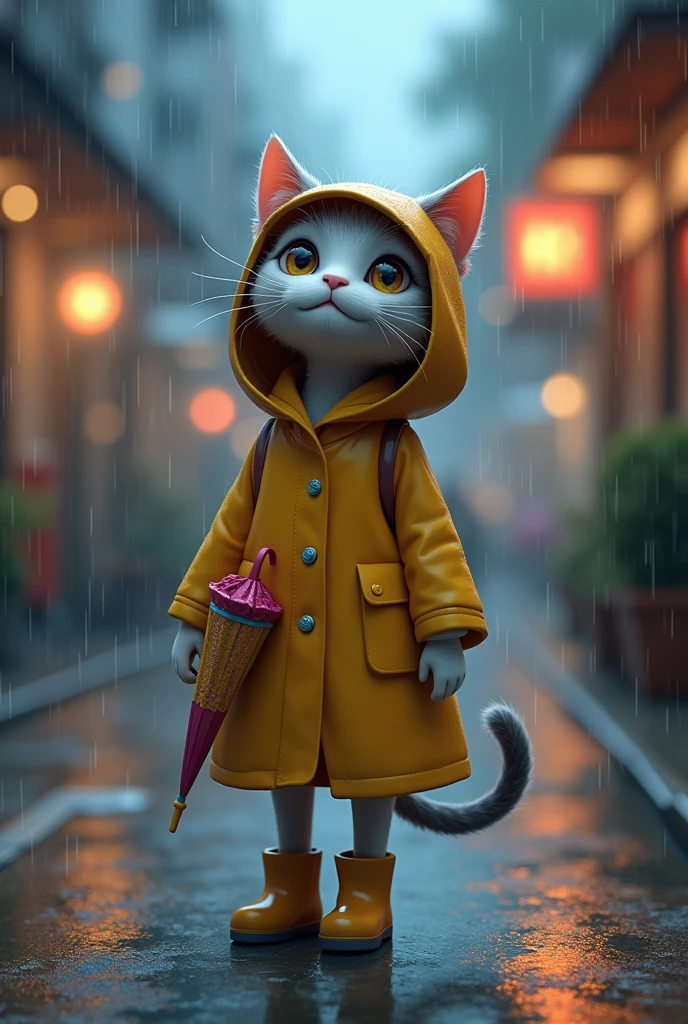 "A full-body view of an anthropomorphic female cat character standing in a rainy urban environment. She is wearing a stylish, form-fitting raincoat that reaches her knees, with a hood that partially covers her pointed ears. Her slender tail peeks out from the back, slightly curled. She holds a small, vibrant umbrella with one hand, while the other hand is playfully outstretched, catching raindrops. Her fur is smooth and slightly damp from the rain, giving it a soft, shiny texture. Her large, expressive eyes are filled with a sense of wonder as she looks up at the sky. Her paws are adorned with cute, waterproof boots. The background shows a dimly lit city street with blurred lights reflecting off the wet pavement. The overall style combines realistic details with a whimsical, cartoon-like aesthetic."