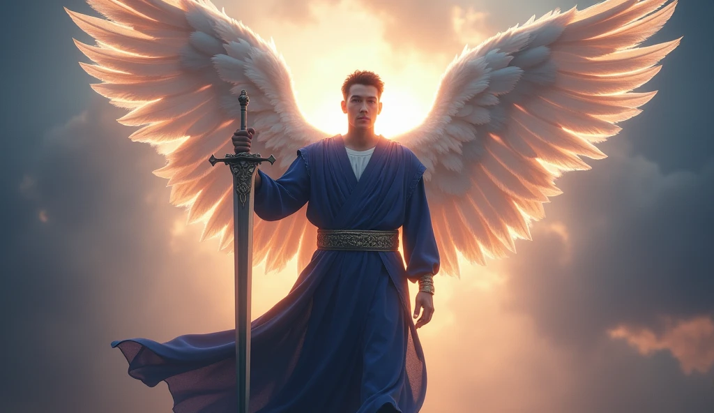 Create an ultra-realistic image of Archangel Michael, depicted as a powerful and protective male figure. He is dressed in a flowing dark blue tunic, symbolizing his role as a warrior of light. He holds a shining sword firmly in his hand, ready to banish all forms of evil and obstacles. His short hair complements his strong, determined expression, embodying the essence of divine protection. Michael's wings are expansive, with a soft, radiant light surrounding him, symbolizing his role as a guardian. The background is filled with a celestial glow, enhancing the aura of strength and protection that Archangel Michael brings to those in need.