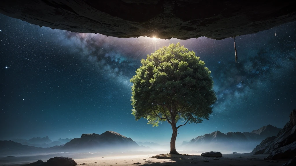a tree inside the cocoon floating in the universe