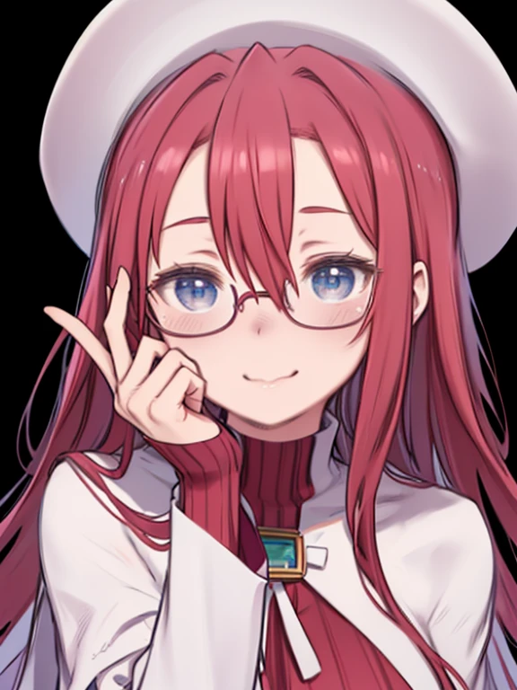 One Woman、((Touching the cheek with one hand))、blush、Embarrassed、Smiling、Angle from the front、Red color hair、Hair between the eyes、long hair、Blue Eyes、Big Breasts、Leaning forward、Accurate hand drawing、Red turtleneck rip-off sweater、White Cape、Glasses、White Beret、