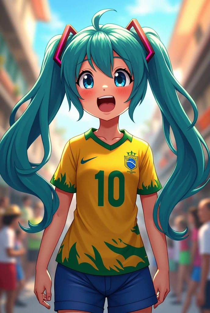 Hatsune Miku with a Brazilian shirt, brazilian football jersey number 10, glad