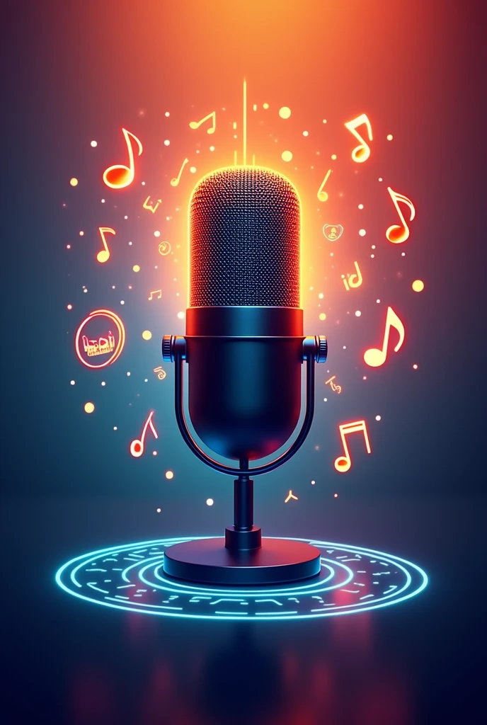 "A thumbnail featuring a dynamic, energetic visual. Center a microphone with sound waves radiating from it, symbolizing music creation. Surround the microphone with musical notes and icons of instruments (guitar, piano, drum), giving a sense of rhythm and creativity. The background should be a gradient of vibrant orange and deep blue, creating a striking contrast. Add a glowing effect around the microphone to draw attention. The overall style should be modern and catchy, evoking professionalism in music production."
