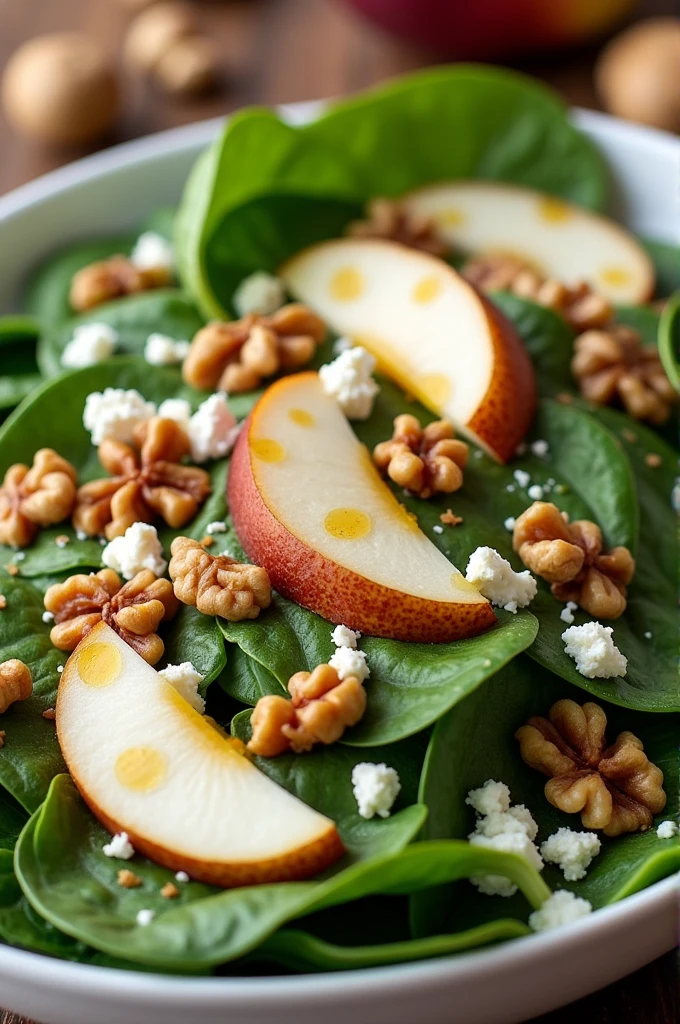 Create an image of this recipe: Spinach and Pear Salad with Walnuts Ingredients:

- Fresh spinach: 100 g - Pear: 1 unit (ca.. 150 g)
- Walnuts: 30 g - Goat cheese: 50 g - Olive oil: 15 ml - Apple cider vinegar: 10 ml
- Sal: 5 g - Pepper: 2 g Preparation:

1. Wash the spinach and chop it if necessary.. Corta la Pear en rodajas finas.

2. In a large bowl, mix the spinach, Pear, walnuts and crumbled goat cheese.

3. In a small container, Combine the olive oil with the vinegar, salt and pepper.

4. Pour the dressing over the salad and mix well..

5. Serve immediately to maintain freshness..
