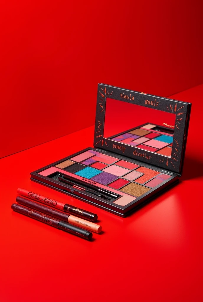 Make a makeup kit,which contains an eye shadow palette, which will have the following colors and names: red- Diablo, Rosa con Guitter- Condy, red con Guitter- Saoko, Vino-motomami and also that the kit includes a line of inks with the colors, red, fiusha and that this is a product of the Benefit brand in collaboration with Rosalía ( Singer )
SPECIFICALLY WITH A RED BACKGROUND That only the things that I described to you come and that it looks cool and eye-catching for the public or fans of Rosalía