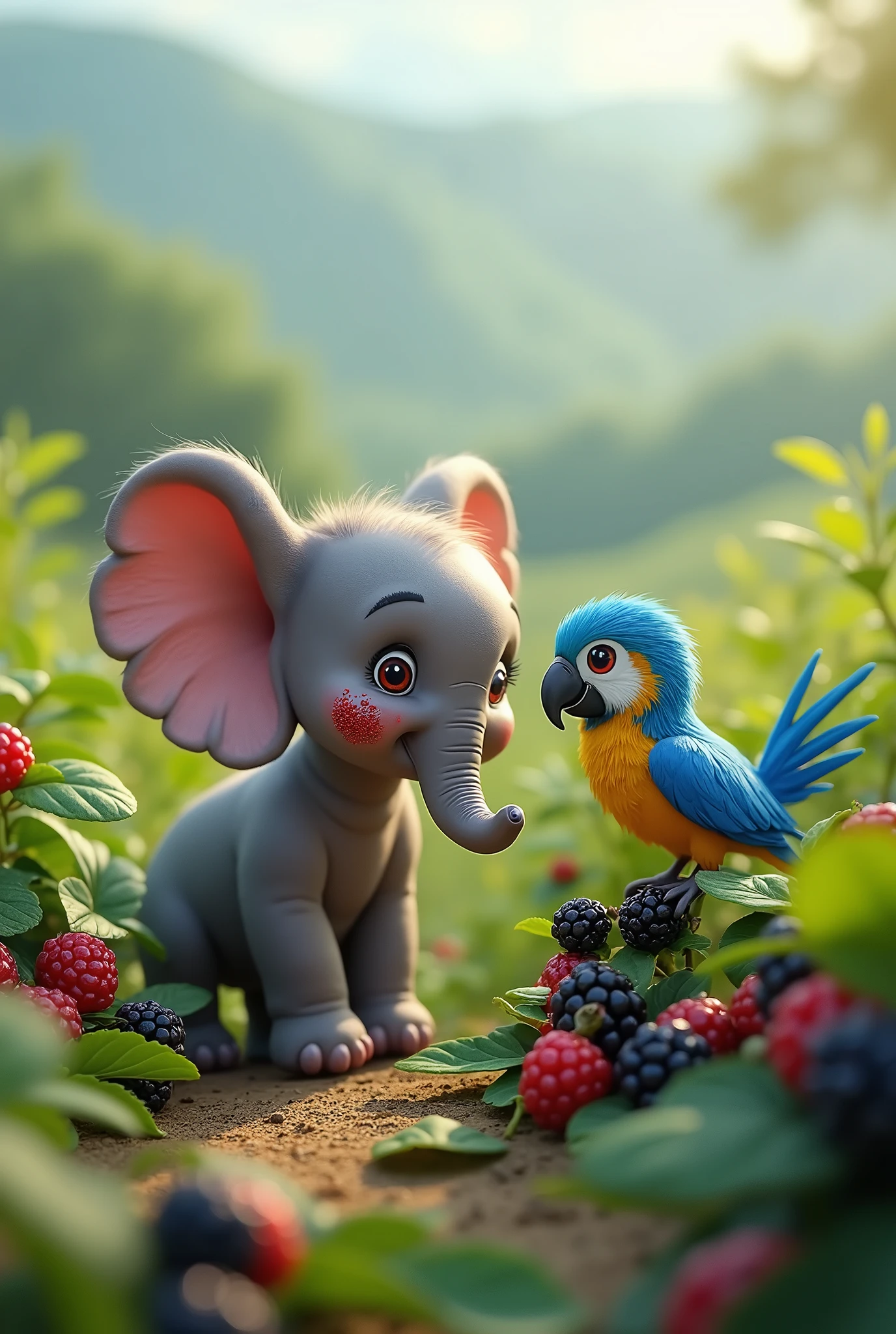 cute baby elephant with blackberry smear in his face, in a field of blackberryes, meets a cute baby blue macaw