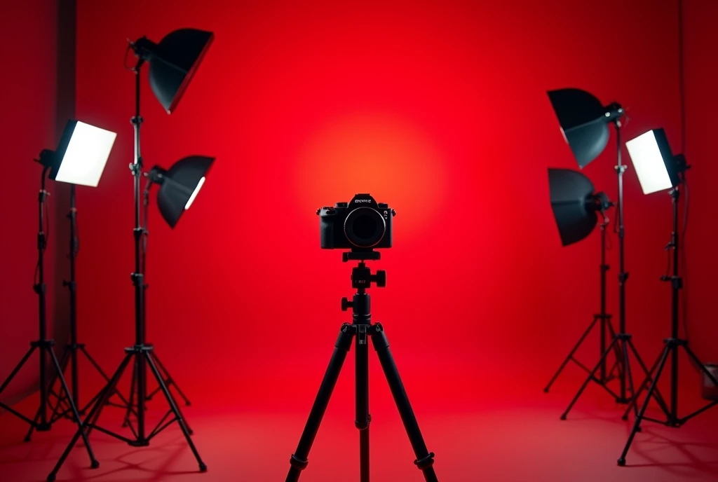 A photography studio with studio lighting equipment. red background. With a sony camera on tripod. Place the sony camera with tripod on left. Add multiple lighting on left and right images. Change the image size to landscape 1080 x 720. The lighting placing front. Make the light a bit smaller. Not too tall