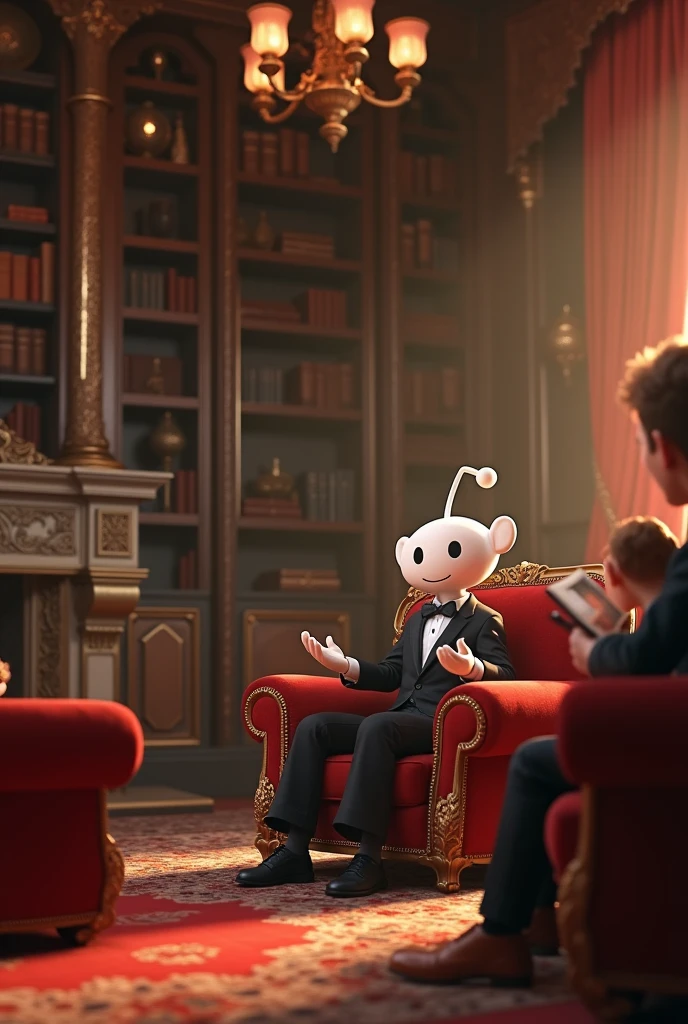 A reddit avatar telling a story to his friends in a rich mansion