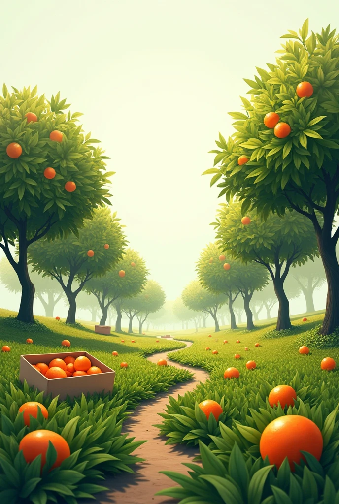 landscape of a field with madarina trees and an almost white sky with a path in the middle of the trees with boxes of tangerines but in horizontal leaves