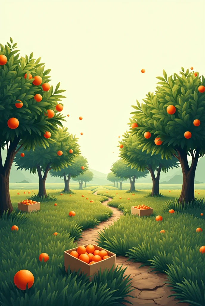 landscape of a field with madarina trees and an almost white sky with a path in the middle of the trees with boxes of tangerines but in horizontal leaves

