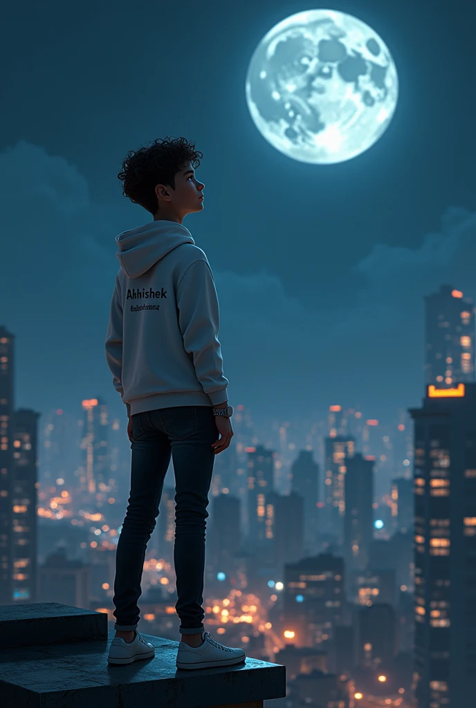 (photorealism:1.2), handsome boy, standing on the top of the roof, wearing white hoodie , black jeans, Curley hair, wearing watch,moon night, city flooded with lights in background, moon night, written 'Abhishek' in backside of hoodie, and watching towards moon with innocence face.Alphonse Mucha