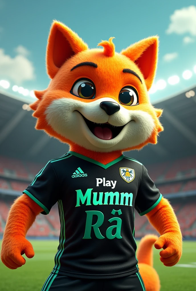 Mascot for soccer team with black shirt with orange and aqua green details saying play mumm rá