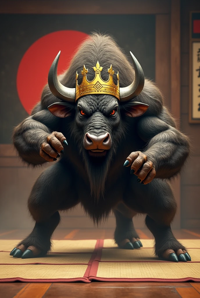 Realistic drawing of an aggressive martial arts buffalo with a king's crown in a fighting stance on a tatami with a sign "KING OF TATAMI JIU JITSU"