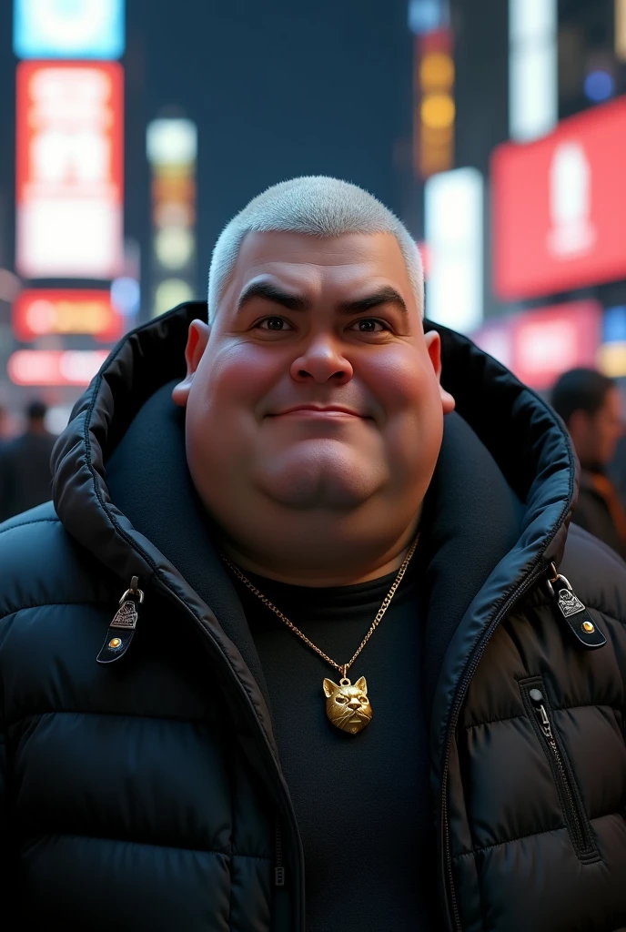 seen from the front make the fat face of a young man a little fat in 4K quality and short white hair on top on the side of the head a gradient until he is bald, wearing a black winter jacket with oedra jewelry wearing a hood open over his head,wearing a gold necklace with a small cat on the pendant. as if you were parading through Times Square - NY low lighting