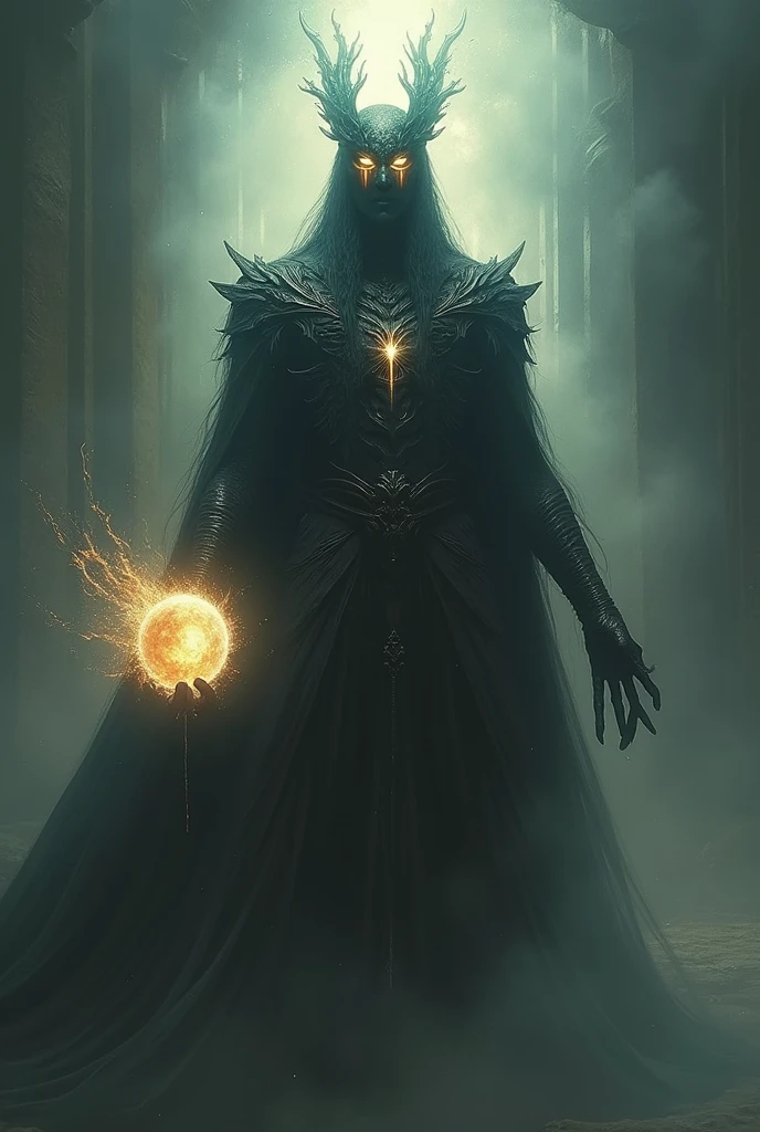Make an omnipotent being who carries darkness, with a bright stripe that crosses each eye and goes down to the cheek, holding a sphere of pure energy