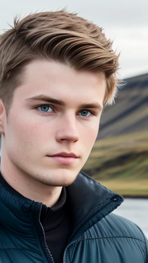  Young Icelandic man with medium hair focus on face 