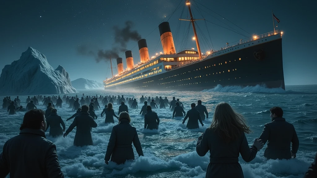 A captivating cinematic scene, dramatic and intense depicting the sinking of a large ocean liner, o Titanic, in icy waters with chunks of isiberg under a dark, starry night sky. The ship is shown at a steep angle, with the stern raised and the bow submerged, emitting smoke from chimneys. Em primeiro plano, numerous people are seen struggling in the freezing water, clinging to the rubble and to each other. Individuals have varying facial features and skin tones, with expressions of fear and despair. A huge iceberg appears in the background, emphasizing the catastrophic event. The overall color palette is dark and cool., with deep blues and blacks dominating the scene, in contrast to the warm, bright lights of the ship.