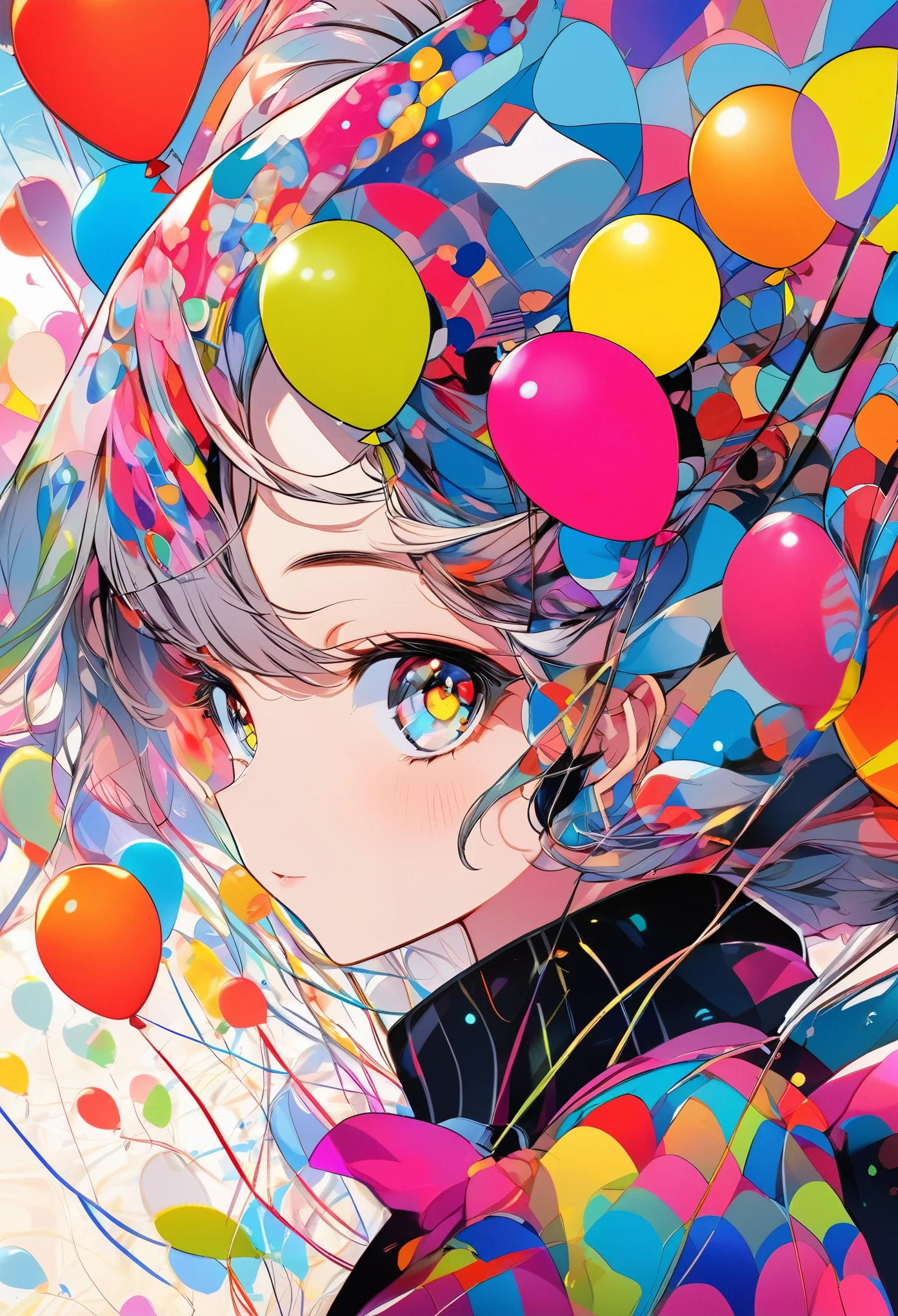 {worst quality, low-quality}, Anime artwork depicting a girl's face within a vivid and abstract collage of colors and patterns. The composition includes a variety of shapes, lines, and textures, all in bright and contrasting colors, creating a surreal and energetic atmosphere that draws the viewer in, ((background with floating colorful balloons:1.4)), --ar 3:4 --stylize 600 --niji 6, masutepiece,Best Quality,ultra-detailliert, masterpiece, masutepiece,Best Quality,ultra-detailliert, masterpiece,