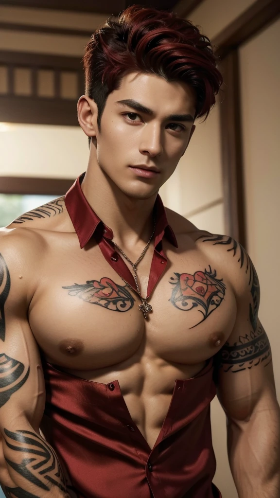 (absurdres, highres, ultra detailed, Ultra HD), a muscular handsome man, (wearing (a ruby red colour open silk shirt)), (tattooed chest: 1.2), red hair, short hairstyle, large bare chest, largest breast, extremely large pectorals, big nipples, detailed face, perfect facial features, smooth skin, beautiful, gorgeous, wet, mature, perfect eyes, sexy gaze, looking at the viewers romantically, (chest tattoos only),