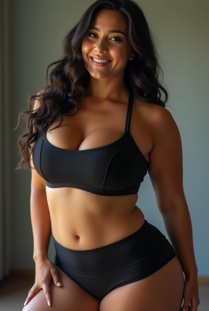 A woman in sportswear, posing for a photo, sexy :8, sensual, seductive lady, seductive,, attractive style, chica sexy, annoy, seductive, , , , scantily clad, seductive and powerful, attractive body, Whole body, sexy look, steep, 1 a 1, hyper realistic, woman smiling, happy woman, Latin woman, Oval face, head on, sexy look at the camera, Wide hips, She has a flat and wavy belly, thin waist and thick hips, big bust, is intriguing, sexy look at the camera, tight fit, revealing outfit, Wide hips