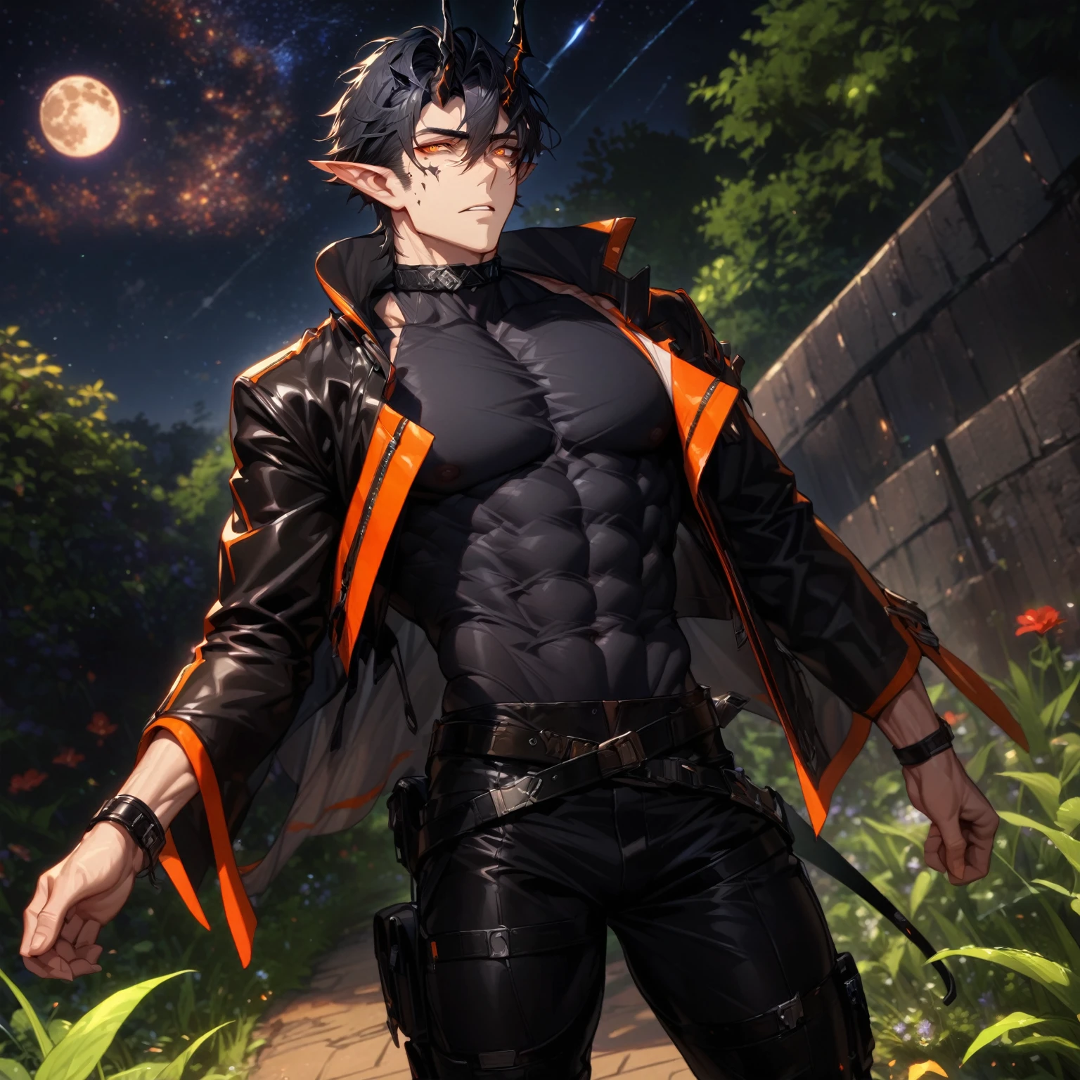 absurdres, highres, ultra detailed, HDR) master piece, best quality, extremely detailed, detailed face, detailed eyes, delicated features, Flamebringer, black hair, expressive orange eyes, Arknights, solo, sexy man, handsome, toned, manly man, sensual, adult face,black horns, slightly pointed ears, black marks on the face, cropped leather jacket with orange patterns, tight turtleneck shirt, collar, black leather pants, night, garden, red flowers, fantasy, magical, moon, starry sky