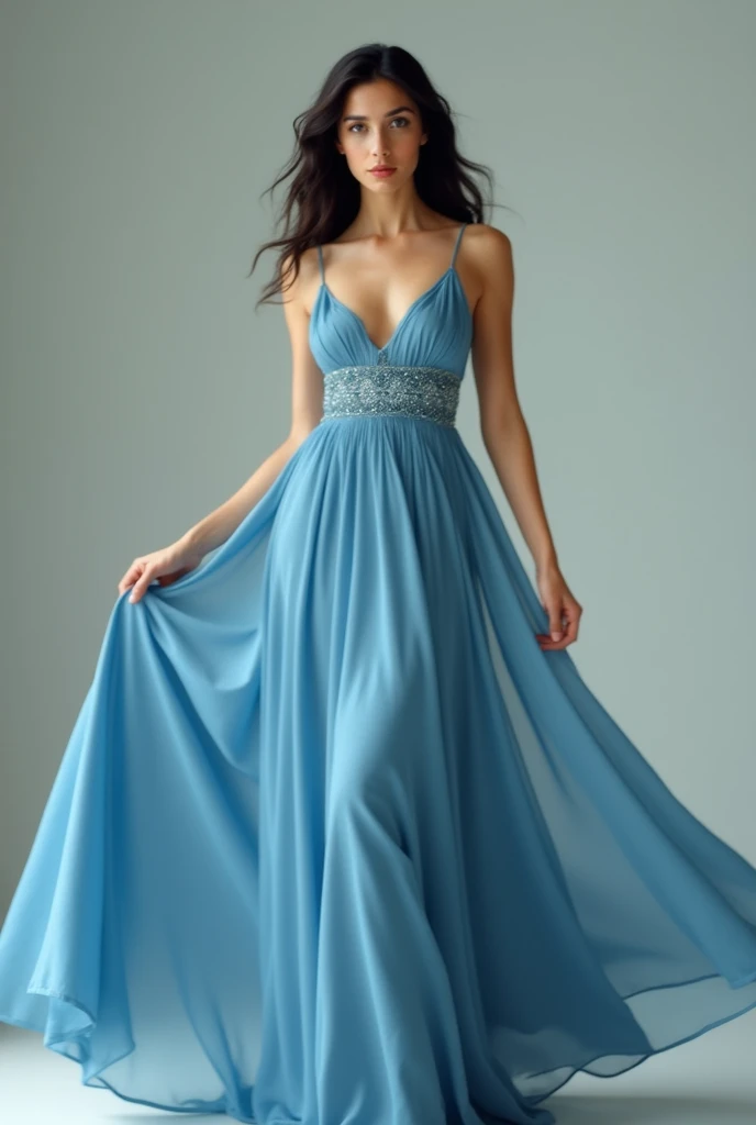 a woman in a blue dress posing for a photo, inspired by Glòria Muñoz