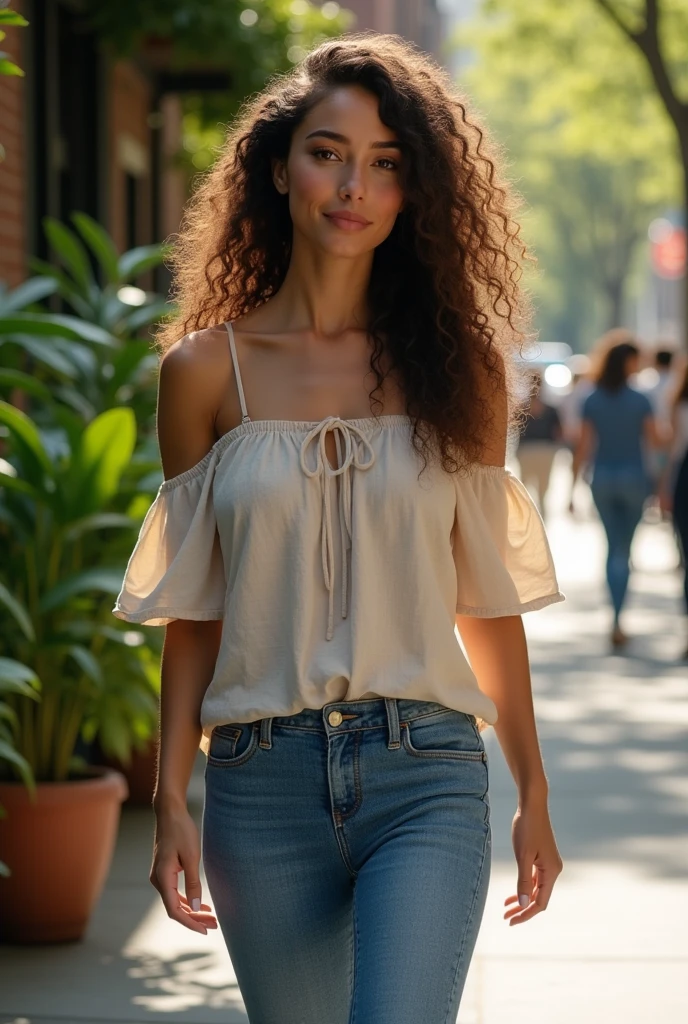 (photorealism:1.2), beautiful woman, walking on a New York street, wearing loose off-shoulder top, jeans, long curly hair, soft lighting, plants in background,  relaxed pose, realistic, intricate details, warm colors