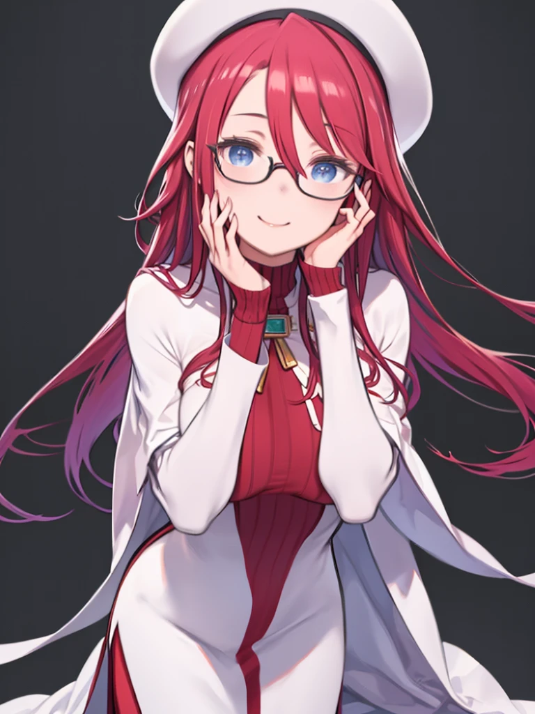 One Woman、((Touching the cheek with one hand))、Upper Body、Smiling、Angle from the front、Red color hair、Hair between the eyes、long hair、Blue Eyes、Big Breasts、Leaning forward、Accurate hand drawing、Red turtleneck rip-off sweater、White Cape、Glasses、White Beret、