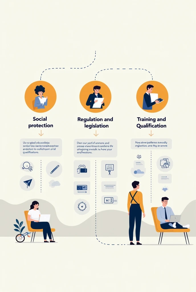 I can&#39;t create images directly, but I can suggest a concept that you can use to create the image. Here is an idea for an image that addresses possible solutions to precarious work and the gig economy:

### Conceito da imageio

**Title:** "Solutions for Precarious Work and the Gig Economy"

**1. Divisão da imageio:**
   - Divide the image into three main sections, each representing a different solution.

**2. Section 1: Social Protection**
   - **imageio:** Show a graphic or icon representing a social safety net, like a shield with insurance icons, health care and employment benefits.
   - **texto:** "Fortalecimento da Social Protection"

**3. Section 2: Regulation and Legislation**
   - **imageio:** Include a scale of justice or a legal document with a pen, symbolizing laws and regulations.
   - **texto:** "Implementation of Appropriate Regulations and Laws"

**4. Section 3: Training and Qualification**
   - **imageio:** Illustrate a group of people in a learning environment or a personal growth chart, representing courses and training.
   - **texto:** "Investimento em Training and Qualification Profissional"

**5. Background and Style:**
   - Use a neutral background or a soft gradient to keep the focus on the sections.
   - Adopt a modern and clean style, with clear, colorful icons and graphics to represent each solution distinctly.

**6. Additional Elements:**
   - Consider adding small icons or arrows to connect each section with brief explanatory descriptions.
  
