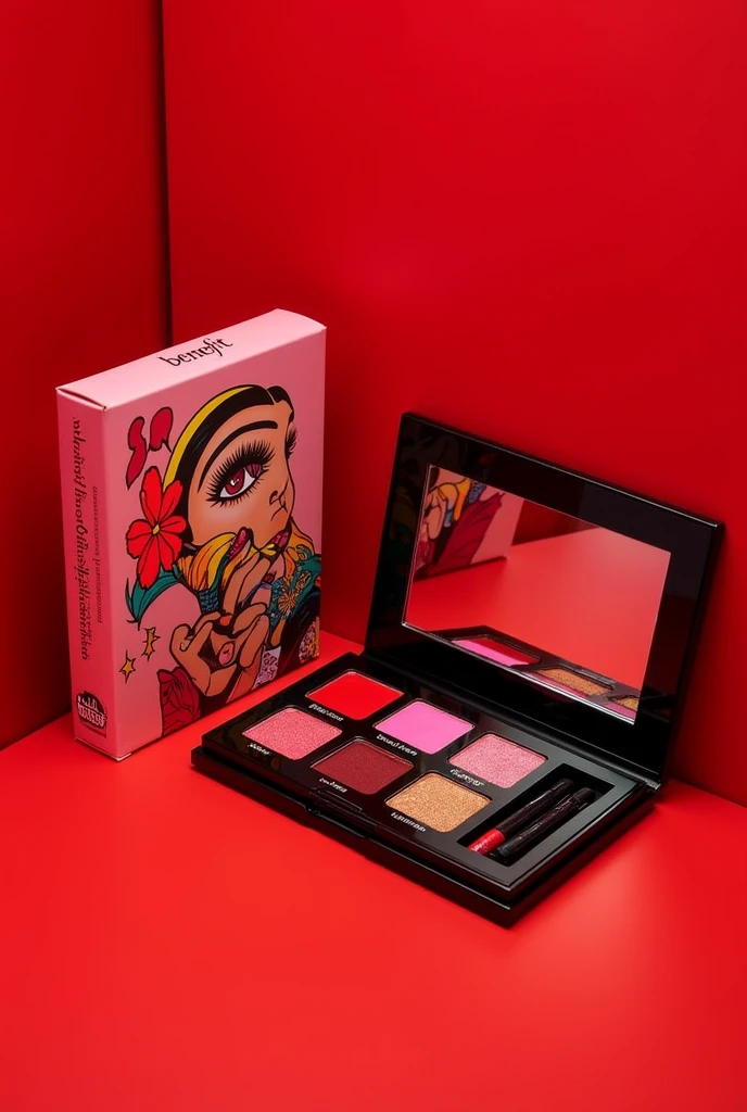 Make a makeup kit,which contains an eye shadow palette, which will have the following colors and names: red- Diablo, Rosa con Guitter- Condy, red con Guitter- Saoko, Vino-motomami and also that the kit includes a line of inks with the colors, red, fiusha and that this is a product of the Benefit brand in collaboration with Rosalía ( Singer )
SPECIFICALLY WITH A RED BACKGROUND That only the things that I described to you come and that it looks cool and eye-catching for the public or fans of Rosalía, Remember to highlight the BENEFIT brand in collaboration with Rosalía