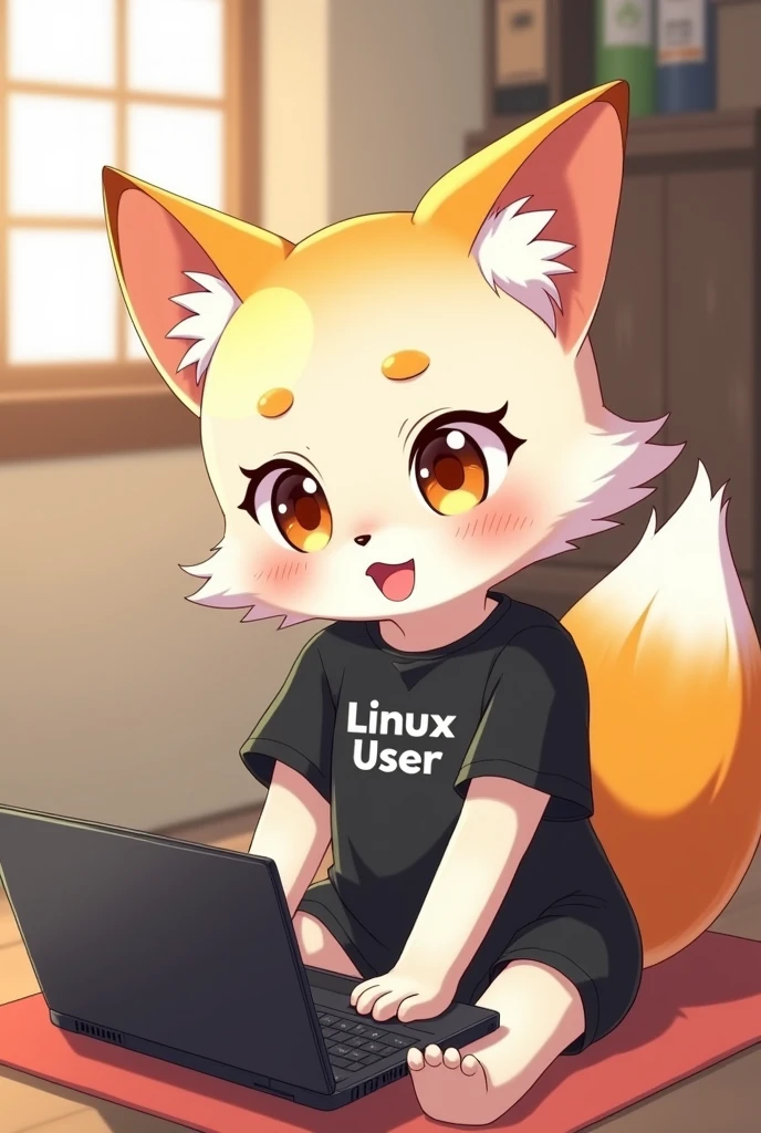 Senko the fox from the anime 800 Year Old Wife sits in a black T-shirt with the inscription "Linux User" and does something on her laptop