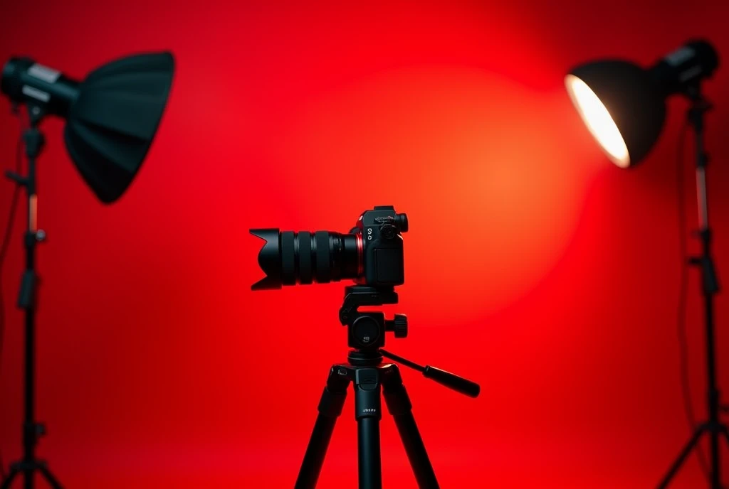 A photography studio with studio lighting equipment. red background. With a sony camera on tripod. Place the sony camera with tripod on left. Add multiple lighting on left and right images. Change the image size to landscape 1080 x 720. The lighting placing front. Make the light a bit smaller. Not too tall. Sony camera with tripod move the position to the left. Let the centre empty