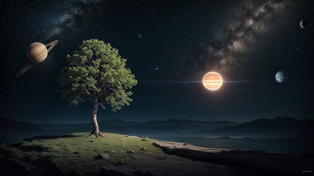 a tree floating in the universe on the side a moth cocoon and planets around