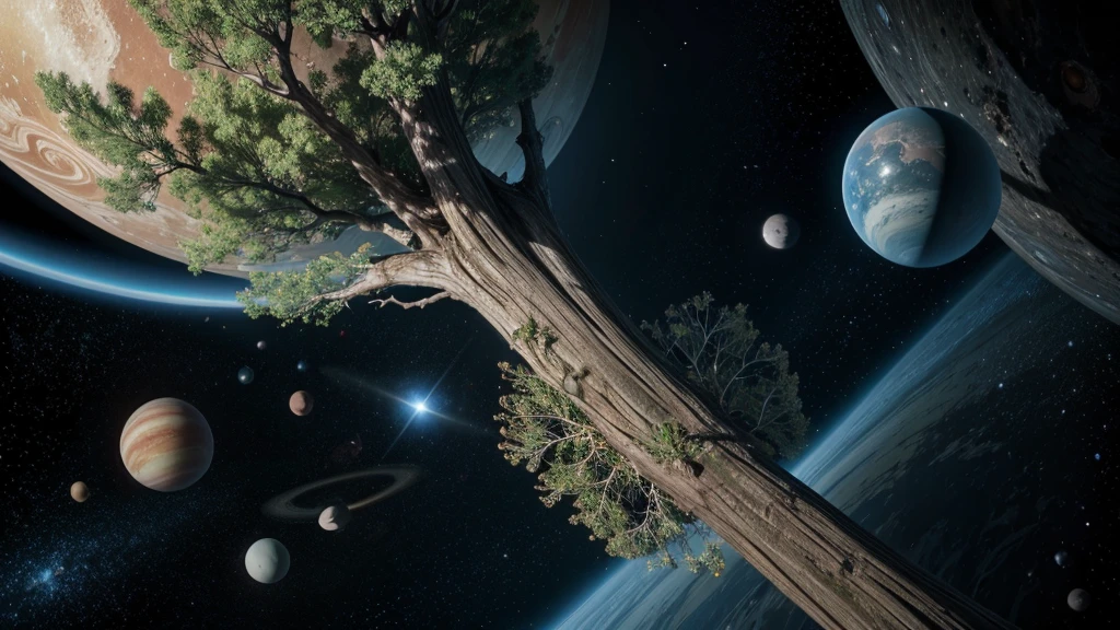 a tree floating in the universe on the side a moth cocoon and planets around