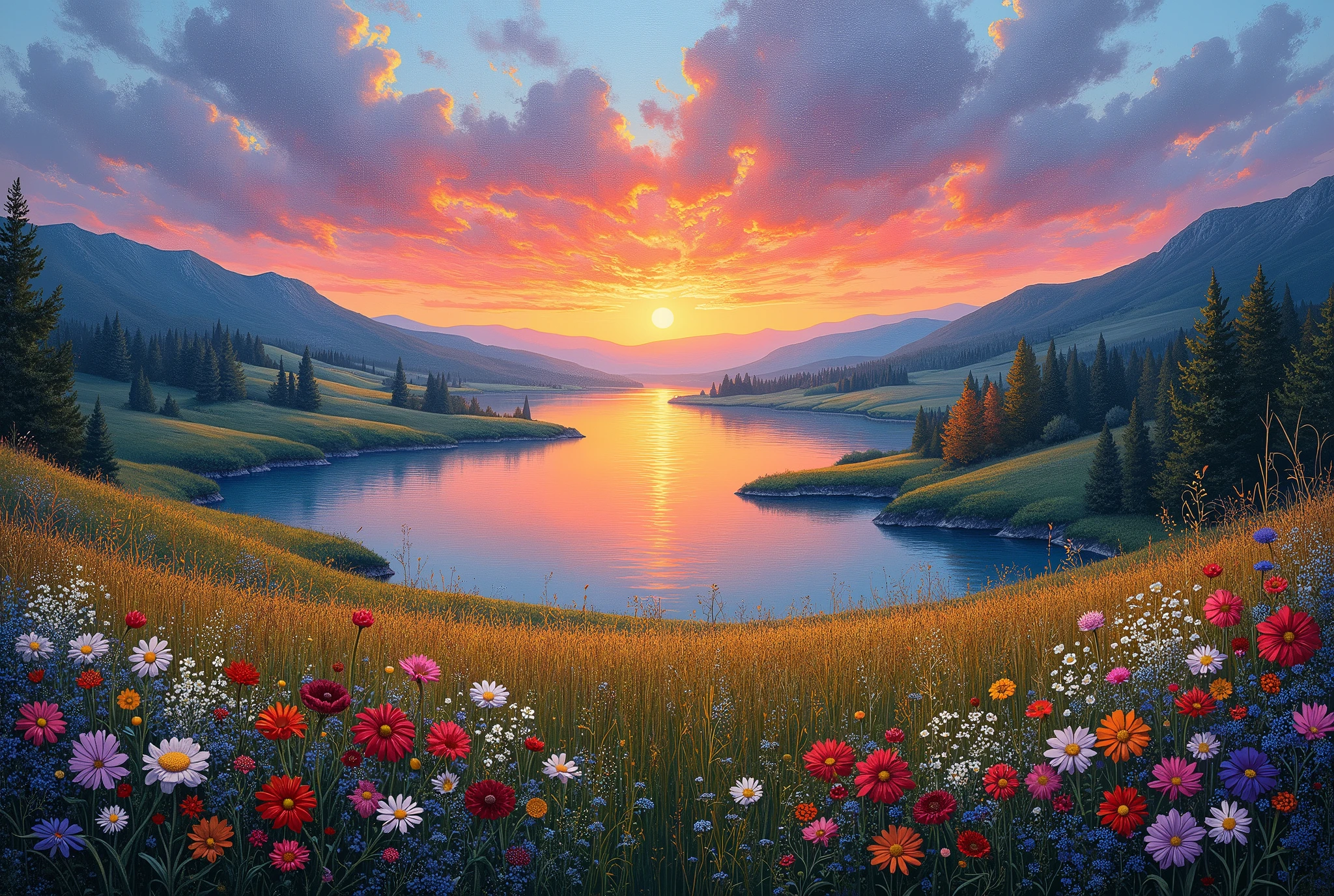 (best quality 16k, art:1.2), Ultra-detailed, (realistic:1.37), oil painting, impressionist style, a lake surrounded by fields with wildflowers, beautiful carefully crafted vegetation, on the horizon beautiful twilight, orange and red sky, artistic interpretation of paradise, beauty of nature captured on canvas