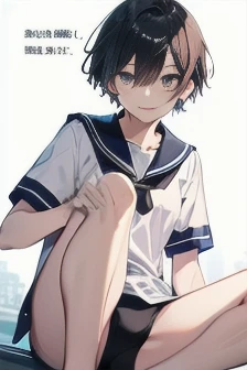 high qualiy、Maximum quality、Full members、Ultra high definition、glare eyes、complete fingers、Slender Beauty、Bery short hair、he used to smile、Wearing a shiny sailor school swimsuit、shining skin、Black knee high、Dramatic Writing