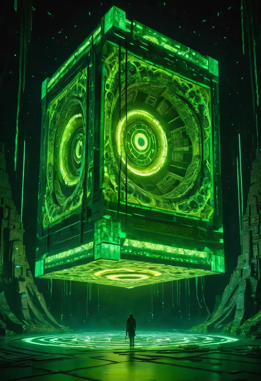 A gigantic floating cuboid structure with dark, twisting tentacles, radiating an intense green light from the circular patterns and eyes with illuminated symbols embedded in their faces. The scene has a dark and futuristic atmosphere., with a greenish-yellow lighting that envelops the entire space, full of geometric shapes and blocks suspended in the air. Two tiny, zombified figures appear to be wandering in front of this monstrous entity., highlighting its colossal scale. The atmosphere is oppressive and mysterious., as if the place were a prison or a temple of some cosmic deity. The style is a combination of science fiction and cosmic horror, with intricate details and a sense of alien grandeur.