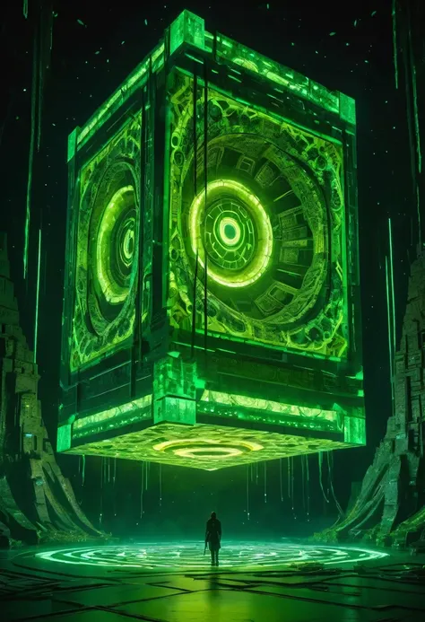 a gigantic floating cuboid structure with dark, twisting tentacles, radiating an intense green light from the circular patterns ...