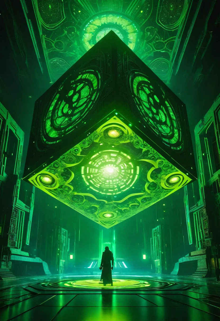 A gigantic floating cuboid structure with dark, twisting tentacles, radiating an intense green light from the circular patterns and eyes with illuminated symbols embedded in their faces. The scene has a dark and futuristic atmosphere., with a greenish-yellow lighting that envelops the entire space, full of geometric shapes and blocks suspended in the air. Two tiny, zombified figures appear to be wandering in front of this monstrous entity., highlighting its colossal scale. The atmosphere is oppressive and mysterious., as if the place were a prison or a temple of some cosmic deity. The style is a combination of science fiction and cosmic horror, with intricate details and a sense of alien grandeur.