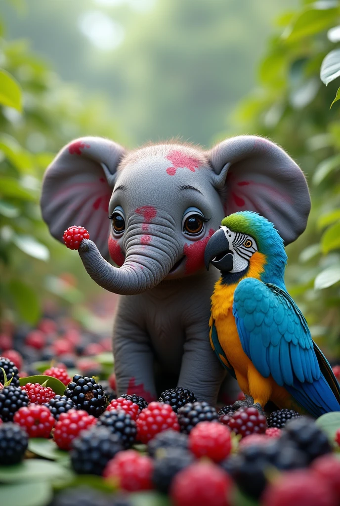 cute elephant with red paint in his right side and a lot of blackberry smear in his face, in a field of blackberryes, meets a cute babye macaw