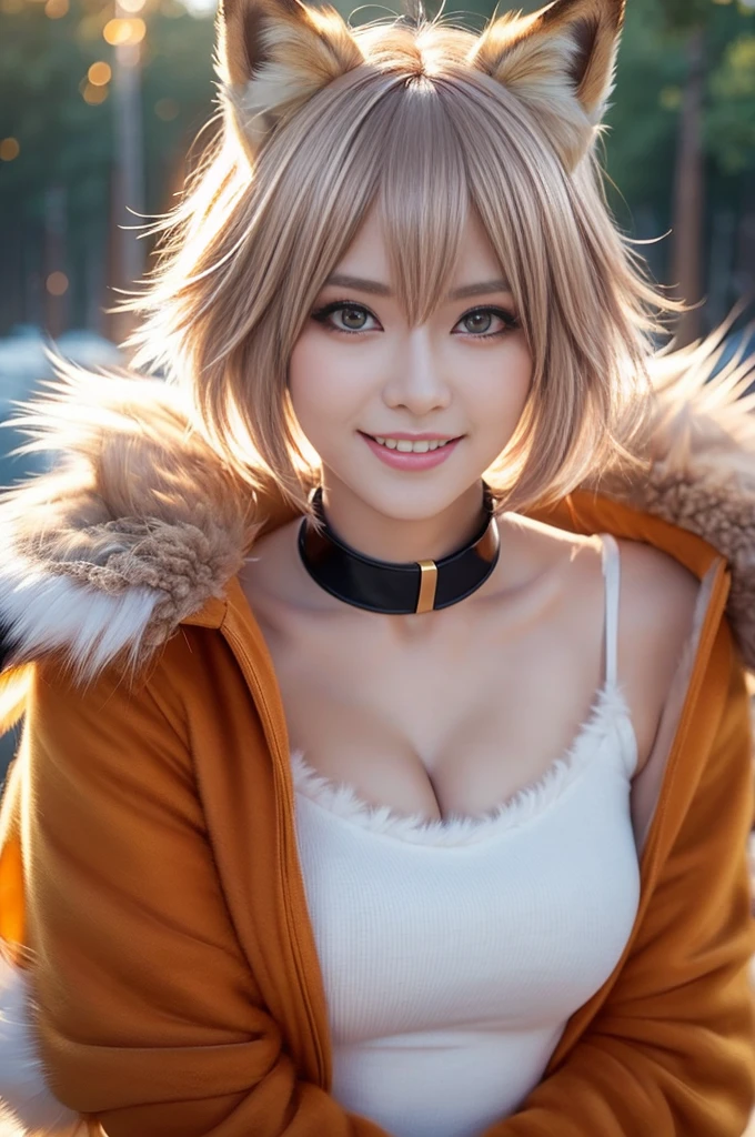 sexy swedish model, (-anime), only 1 model, very short hair, beautiful smile, lip-gloss, long lashes, defined eyebrows, long fur fox color scheme, ((long fur fox cosplay)), fox ears, fox tail, fox choker, look at the camera, cinematic light, (sparkling long fur background), sweet and sexy pose