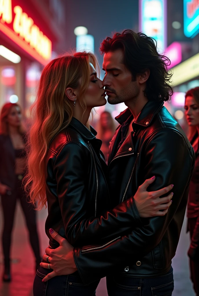 80s. a couple wearing black leather jackets kissing on the street. They are rockers. Night lights. several women are watching them in the background.