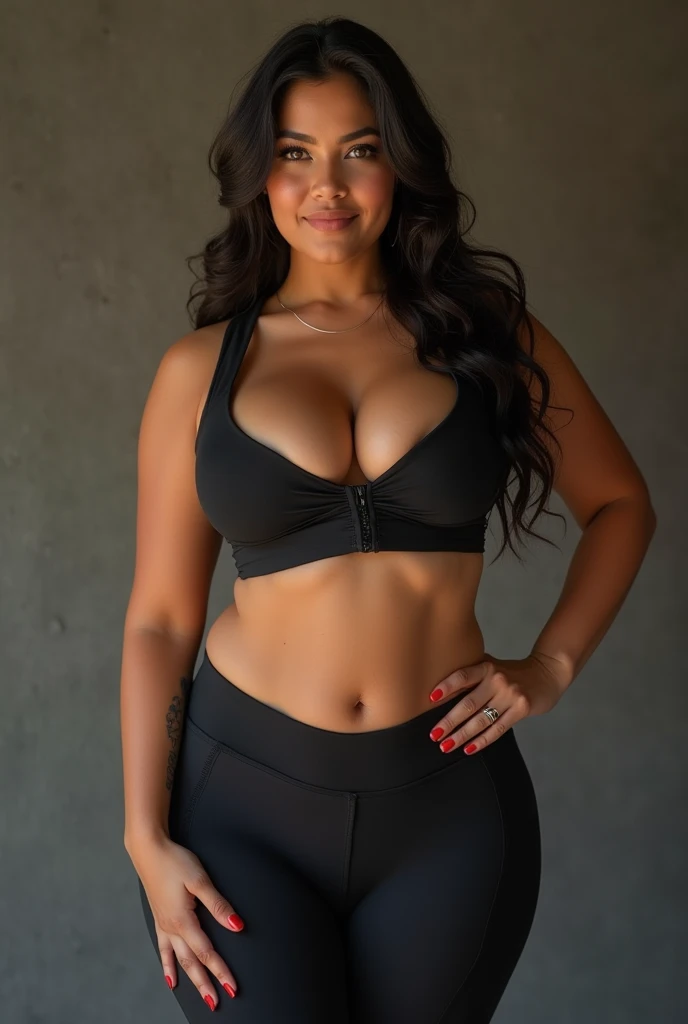 A woman in sportswear, posing for a photo, sexy :8, sensual, seductive lady, seductive,, attractive style, chica sexy, annoy, seductive, , , , scantily clad, seductive and powerful, attractive body, Whole body, sexy look, steep, 1 a 1, hyper realistic, woman smiling, happy woman, Latin woman, Oval face, head on, sexy look at the camera, Wide hips, She has a flat and wavy belly, thin waist and thick hips, big bust, is intriguing, sexy look at the camera, tight fit, revealing outfit, Wide hips