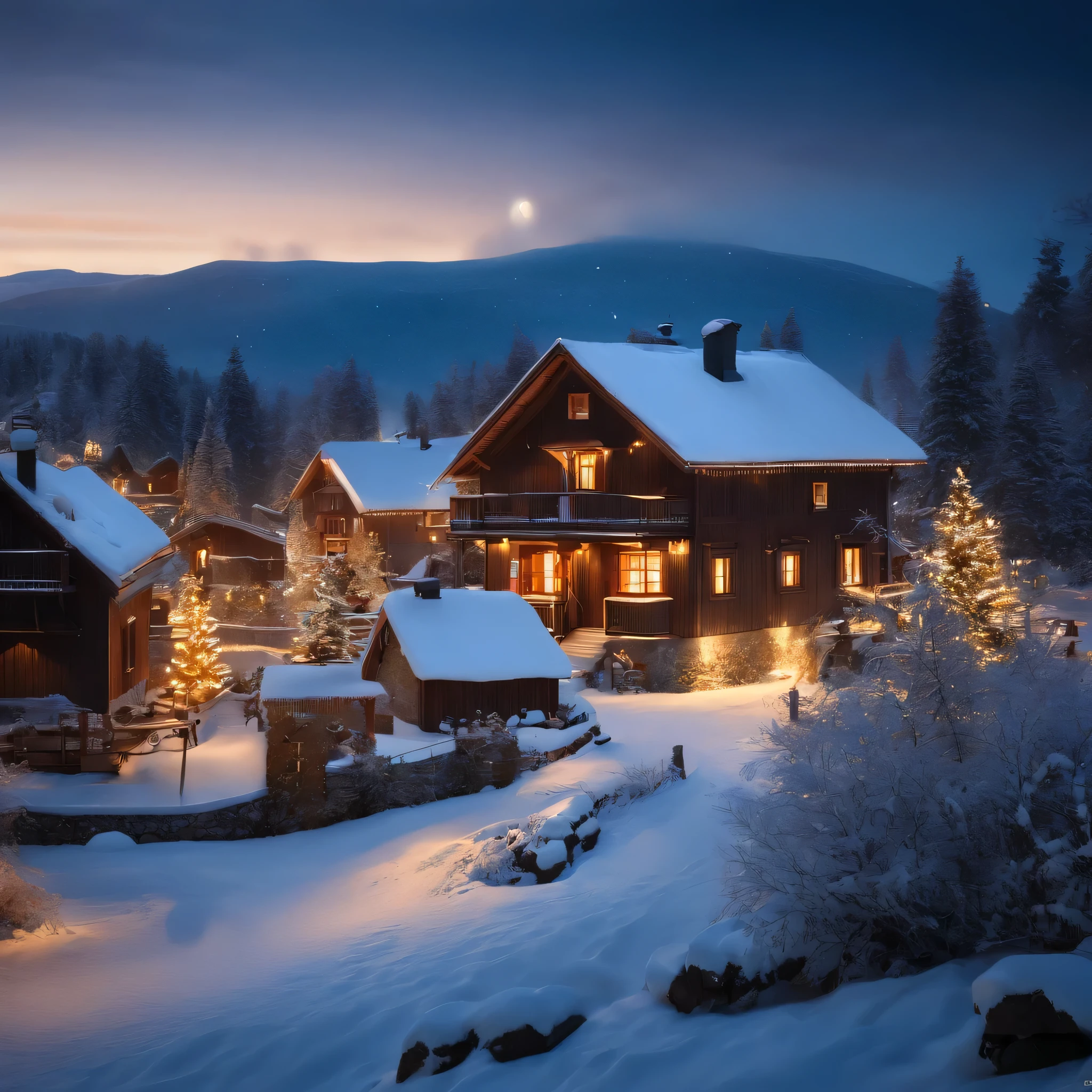 a snowy village at night, moonlit night, snow-covered village, cozy village in winter, peaceful village scene, serene winter landscape, snow-blanketed cottages, warm cabin lights, soft moonlight, snow crystals sparkling, wintry night sky, idyllic rural setting, tranquil village atmosphere, beautiful snowy scenery, picturesque winter wonderland, quaint country houses, (best quality,4k,8k,highres,masterpiece:1.2),ultra-detailed,(realistic,photorealistic,photo-realistic:1.37),digital art,concept art,landscape,cinematic lighting,dramatic lighting,warm color palette,vibrant colors
