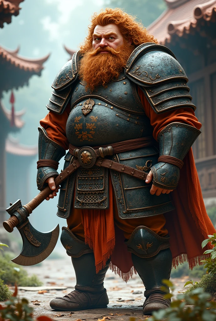 I want a fair-skinned dwarf with armor that is a mix of both medieval and Japanese armor., he has a big axe on his back, Your hair is big,voluminous and curly. Your eyes convey calm