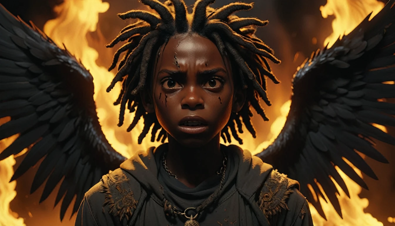 1 angelic winged black boy in hell, dreadlocks, with no face, dark demonic womans entities, demons behind, highly detailed, 8k, best quality, immense pain and suffering, cinematic dramatic lighting, dark moody atmosphere, gritty realism, chiaroscuro, long distance, full body on fire, 